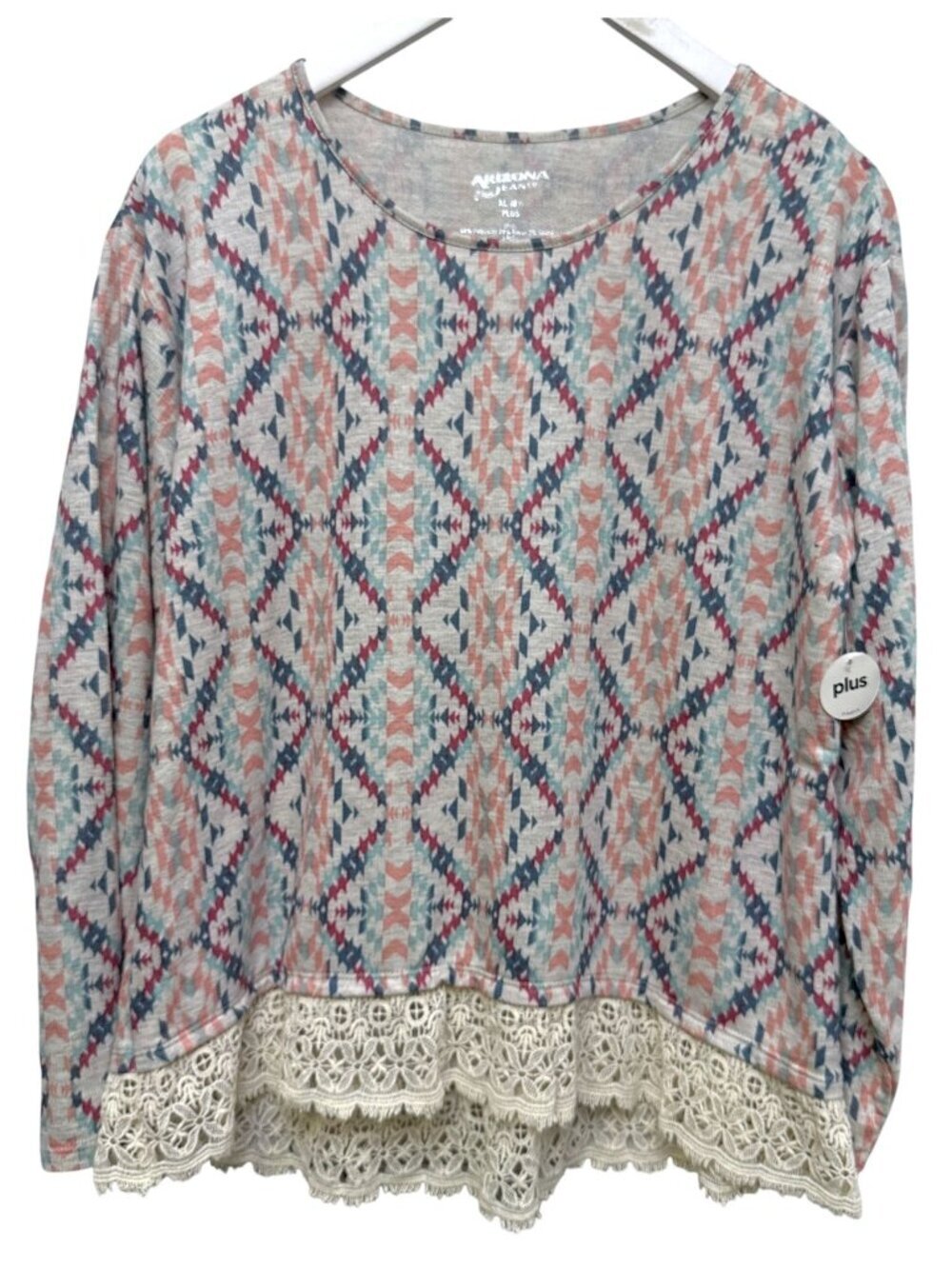 ARIZONA JEAN CO Aztec Top L/ XL Cream Pastel Stretch French Terry Crochet Hem